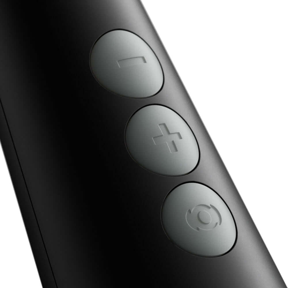 Doxy Die Cast Compact Cordless Wand Black buttons showing speed and power settings for optimal experience.