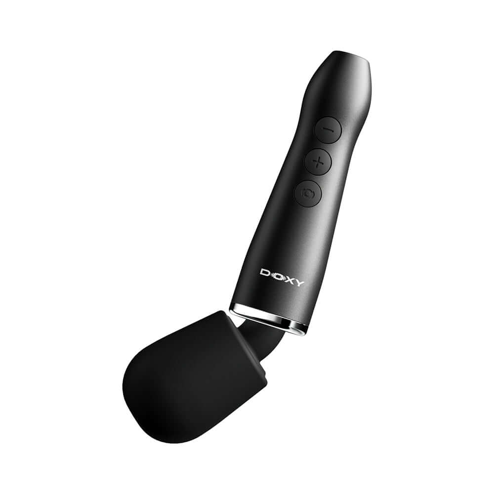 Doxy Go Travel-sized Wand Massager Black, a compact and powerful travel massager with anodized aluminum design.