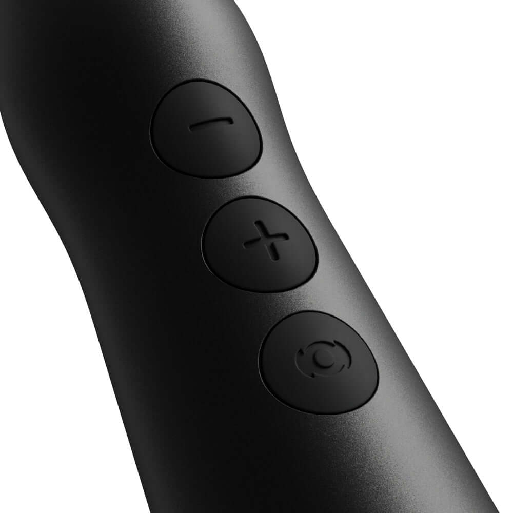 Close-up of the control buttons on the Doxy Go Travel-sized Wand Massager Black for easy operation.