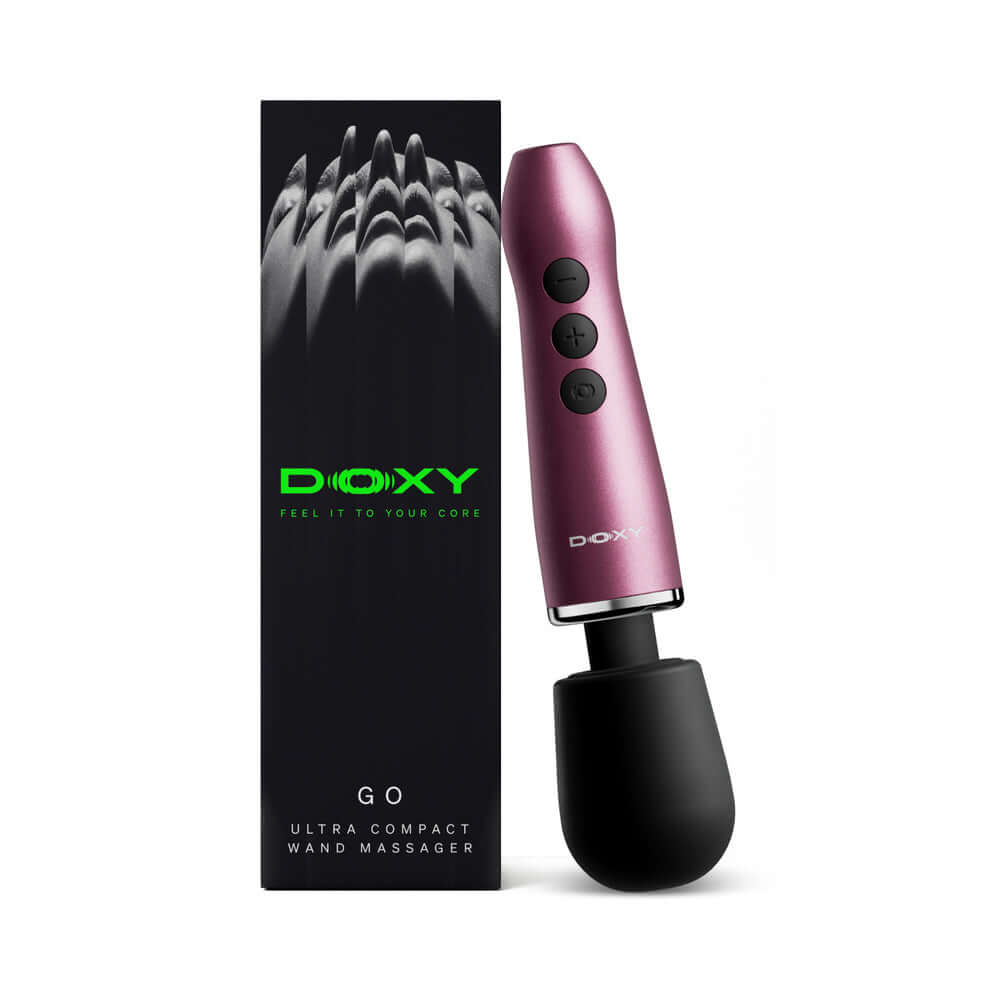 Doxy Go Travel-sized Wand Massager Pink with packaging showcasing its ultra compact and portable design.