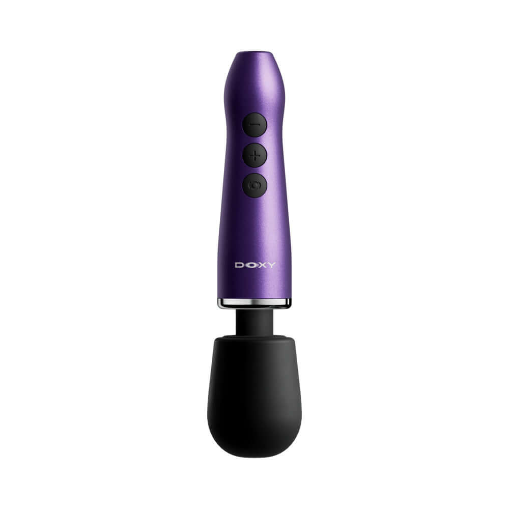 Doxy Go Travel-sized Wand Massager Purple showcasing a compact design for travel and convenience.