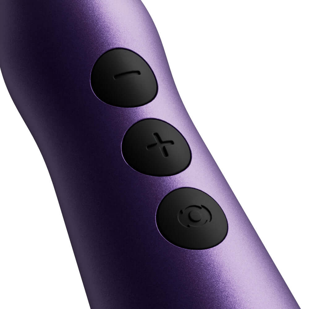 Close-up of buttons on the Doxy Go Travel-sized Wand Massager Purple, showcasing control options for ease of use.