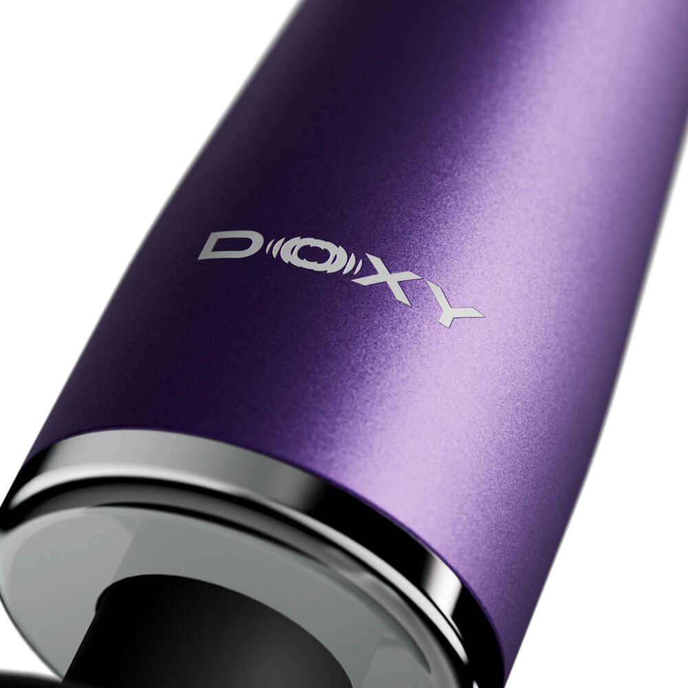 Close-up of Doxy Go Travel-sized Wand Massager Purple showcasing sleek anodized aluminum design.