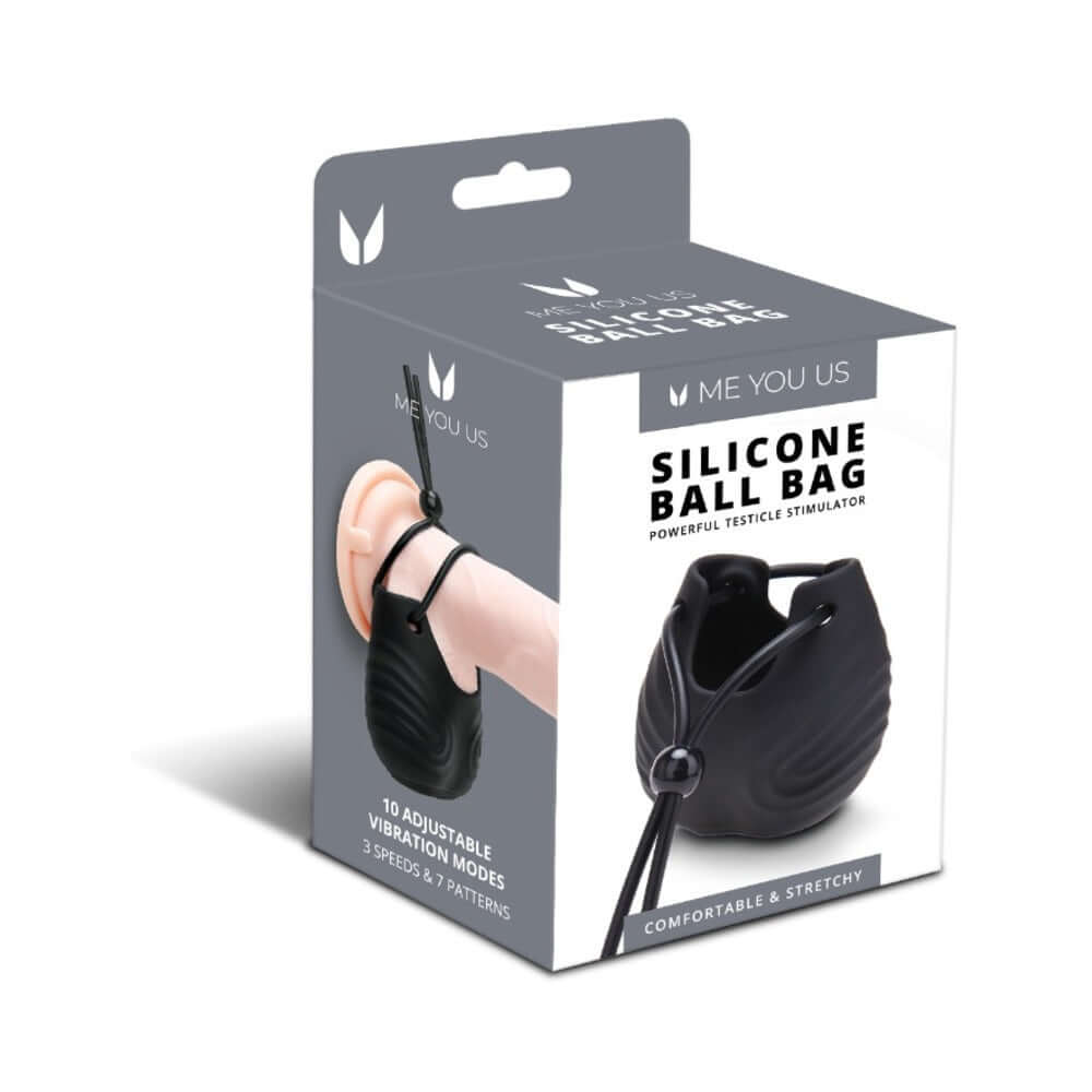 Me You Us Silicone Ball Bag packaging featuring a powerful testicle stimulator with adjustable vibration modes.