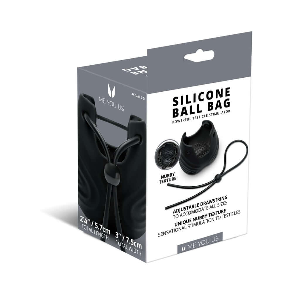 Me You Us Silicone Ball Bag packaging showcasing the powerful testicle stimulator with nubby texture and adjustable drawstring.