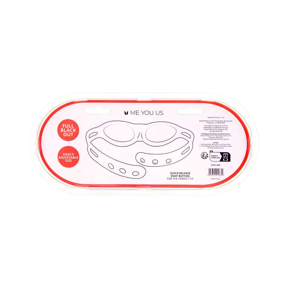 Me You Us Silicone Full Blindfold package showing adjustable design and full blackout feature.
