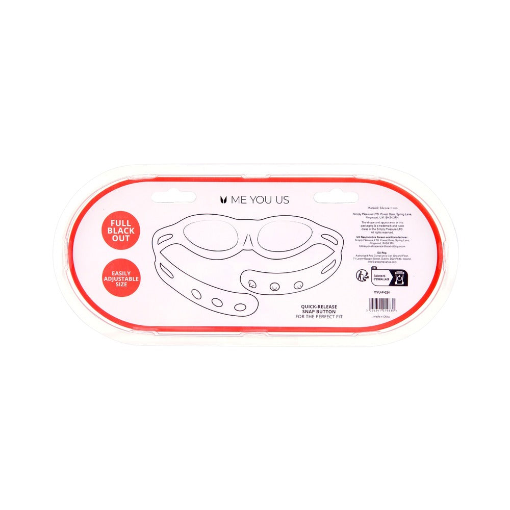 Me You Us Silicone Full Blindfold package showing adjustable design and full blackout feature.