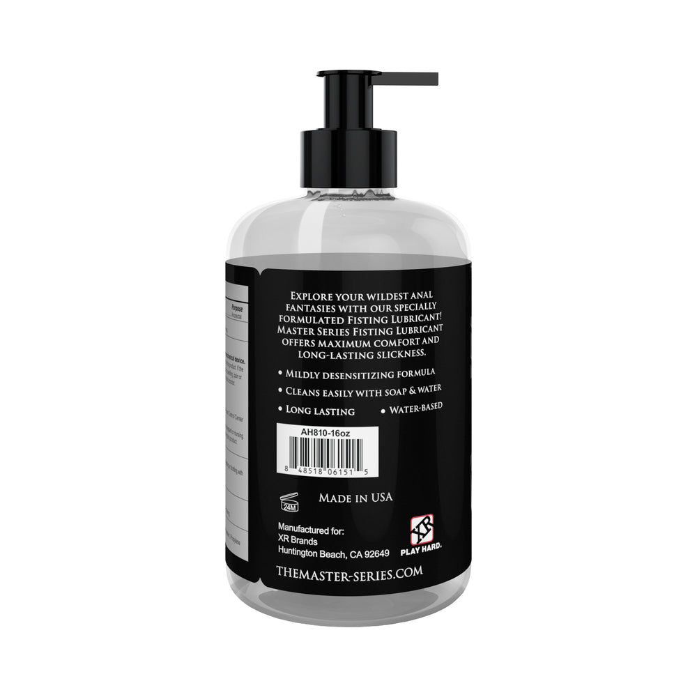 Master Series Fisting Lubricant 16 Oz bottle back view with description and usage instructions.