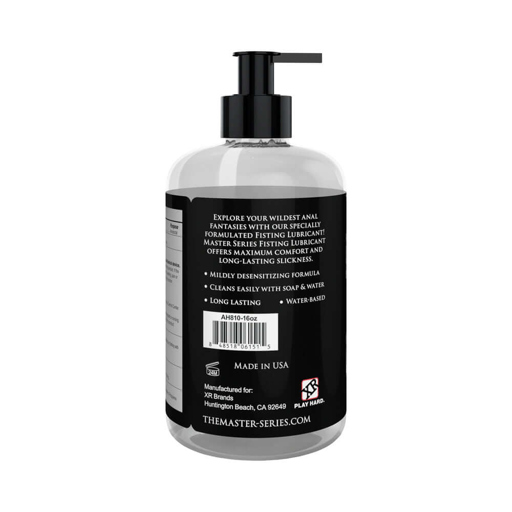 Master Series Fisting Lubricant 16 Oz bottle back view with description and usage instructions.