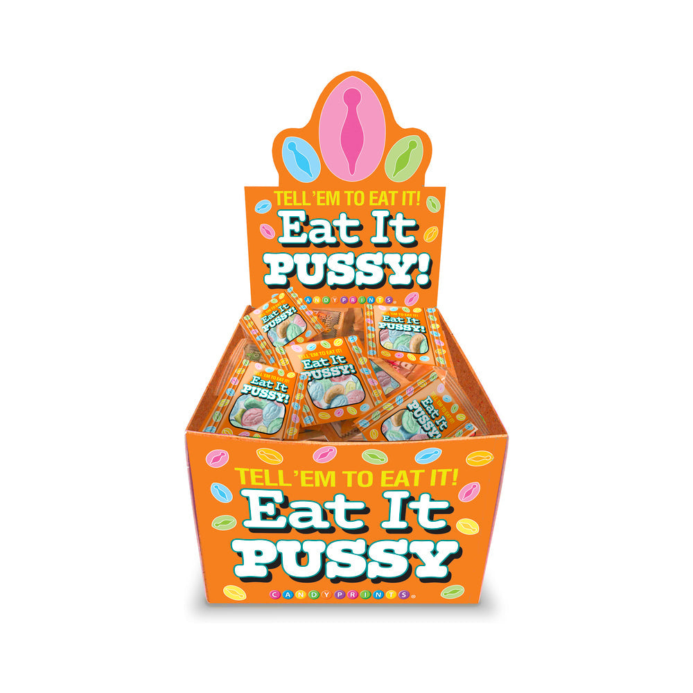 Eat It Pussy 5pc Bag 100-piece Display featuring colorful candy bags and eye-catching display design.