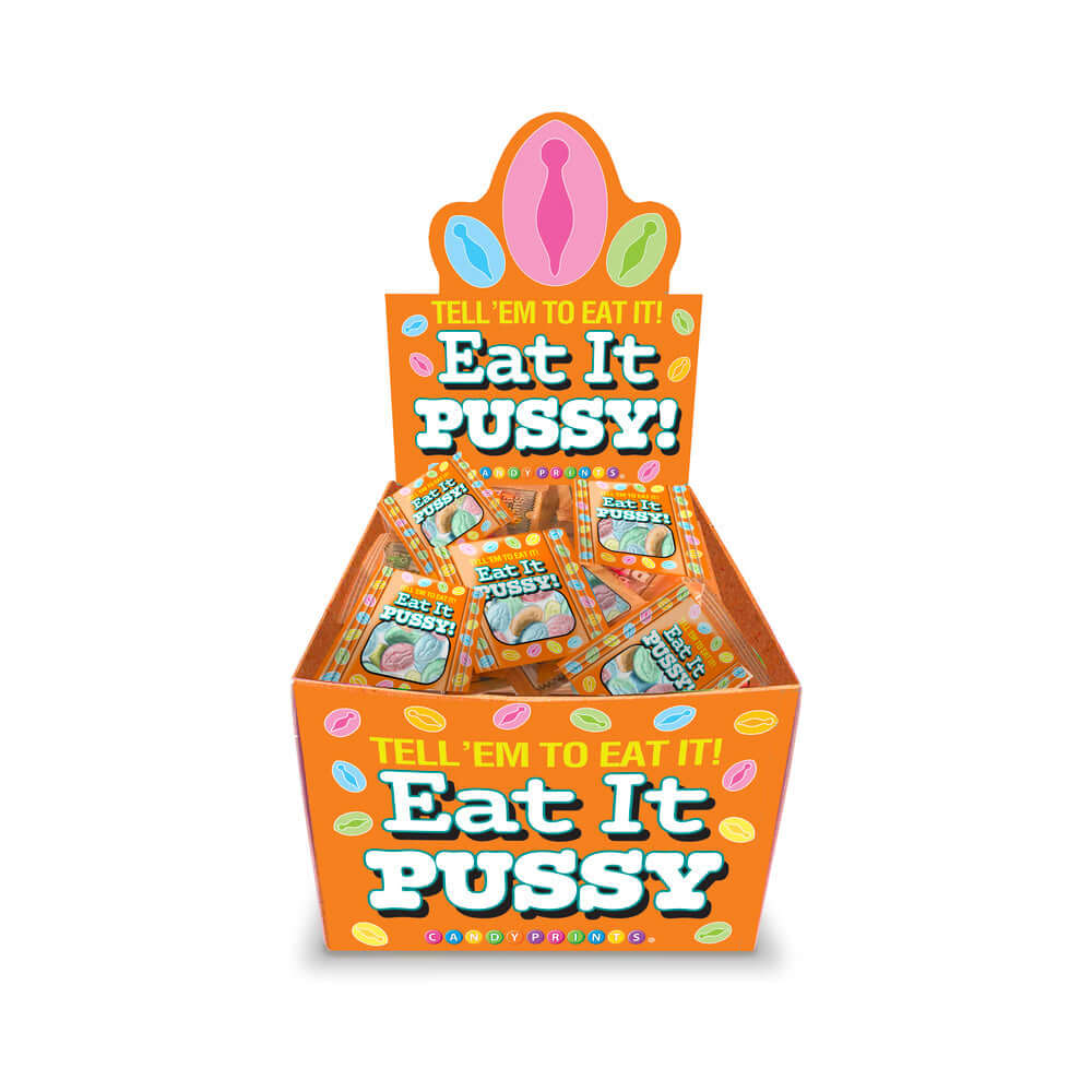 Eat It Pussy 5pc Bag 100-piece Display featuring colorful candy bags and eye-catching display design.