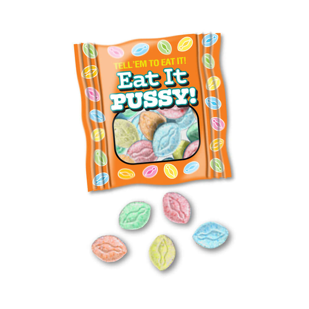Eat It Pussy 5pc Bag 100-piece Display featuring colorful fruity hard candies in a playful packaging.