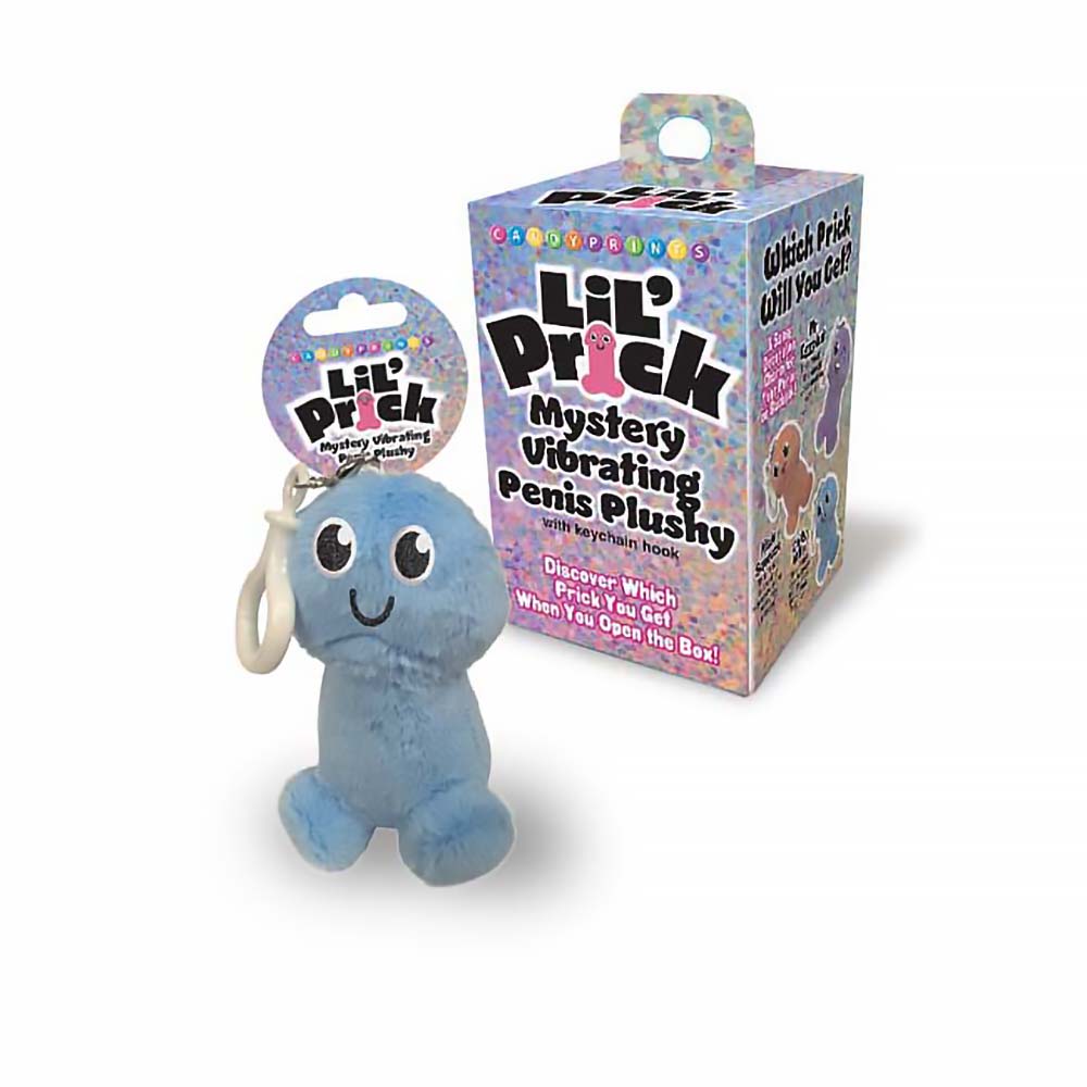 Lil Pricks Mystery Box Plush Penis Keychain in blue with keychain hook and colorful packaging.