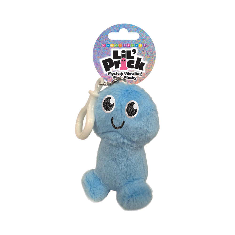 Lil Pricks Mystery Box Plush Penis Keychain in soft blue color with smiling face and keyring attachment.