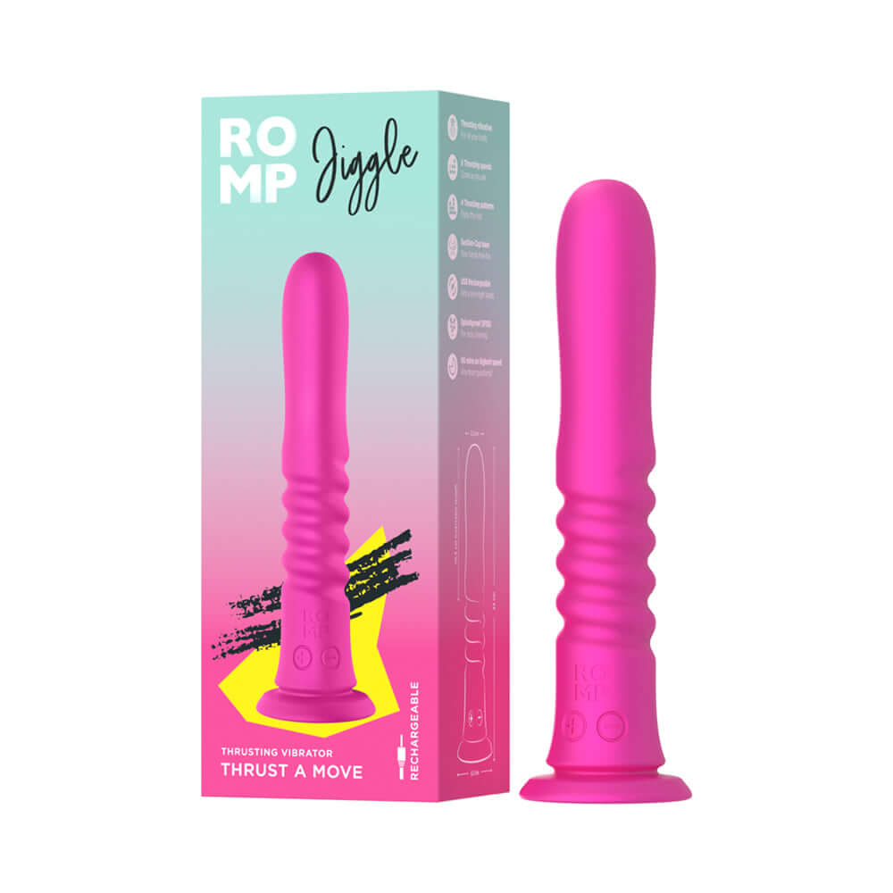 Romp Jiggle Thrusting Vibrator Pink packaging and product image showcasing its design and features.