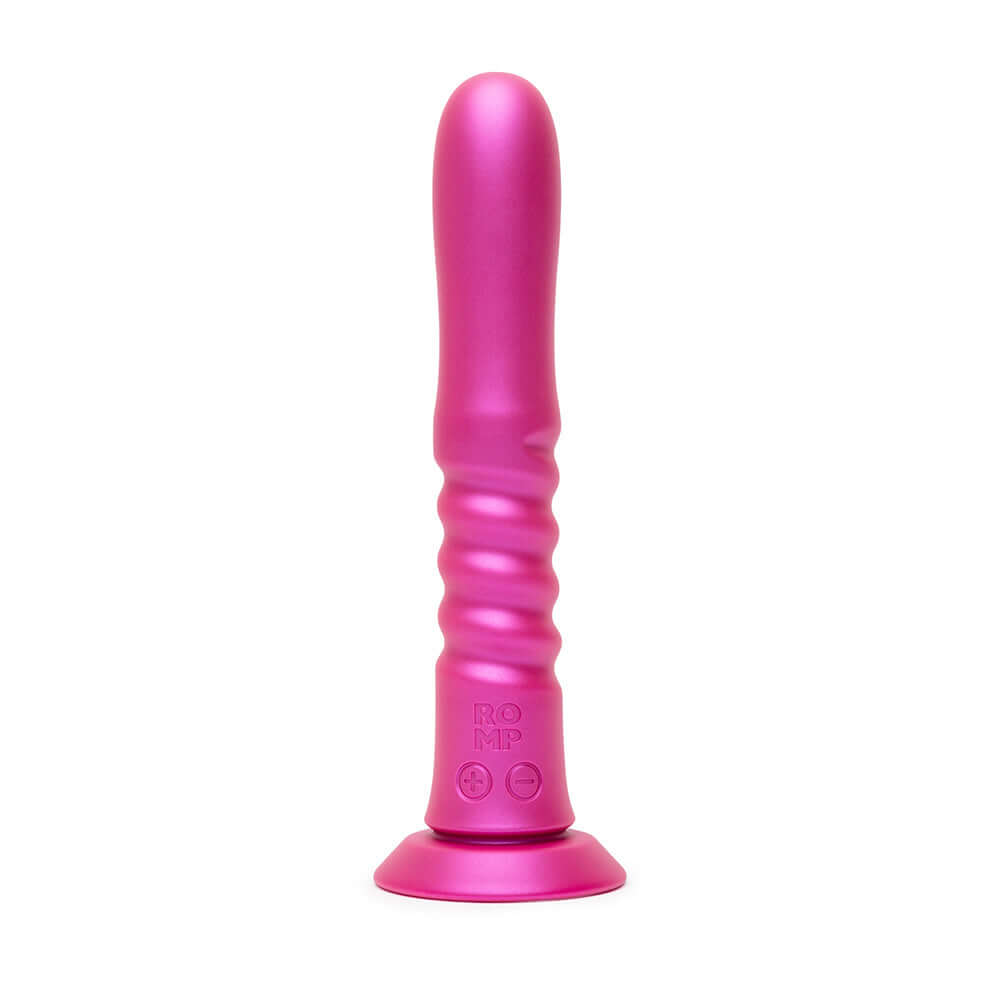 Romp Jiggle Thrusting Vibrator Pink displayed with a sleek, ergonomic design featuring a powerful suction cup base.