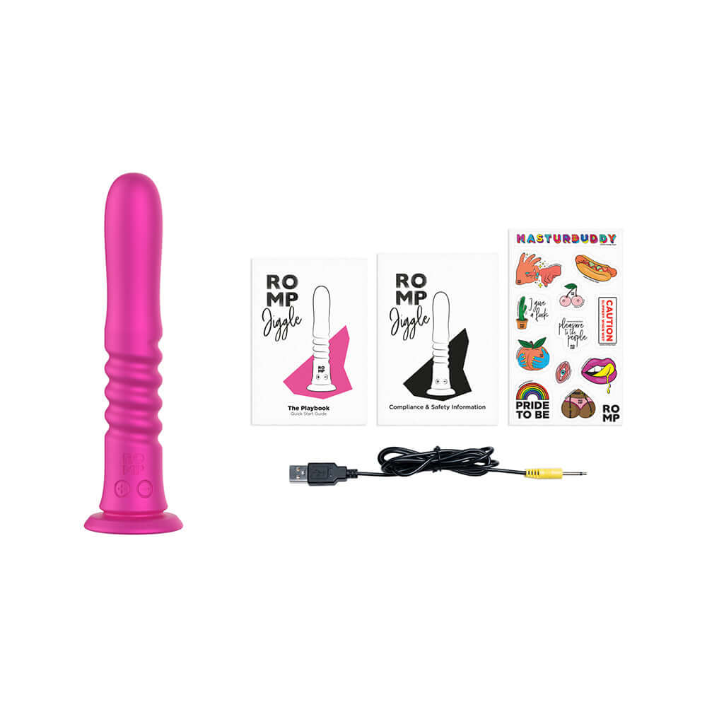 Romp Jiggle Thrusting Vibrator Pink with USB charger, instruction cards, and stickers displayed