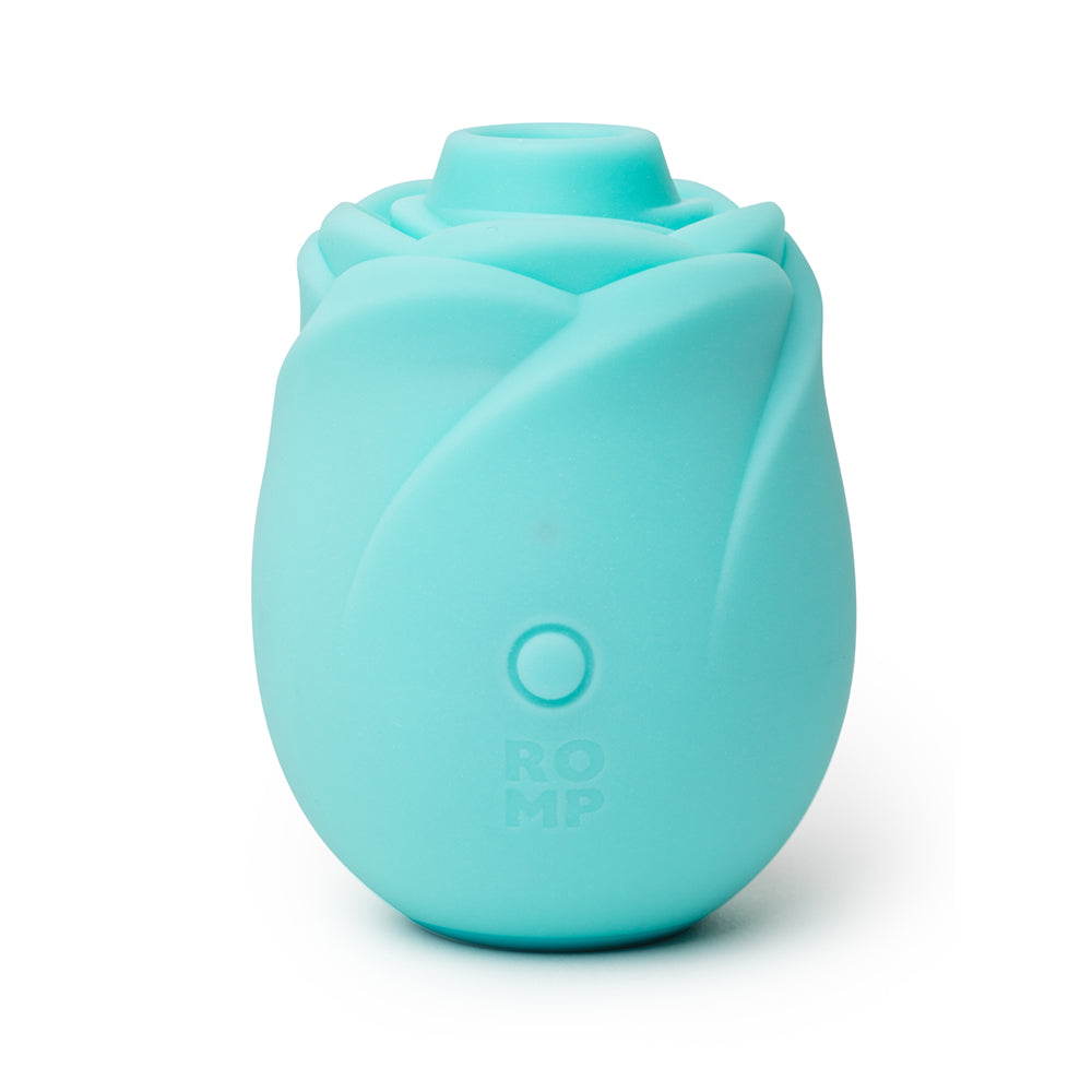 Romp Glow Air Suction Rose Massager in elegant rose design, made from body-safe silicone for customizable stimulation.