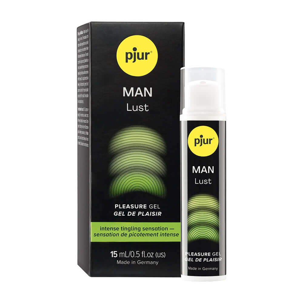 Pjur Man Lust Pleasure Gel 15 ml packaging with intense tingling sensation description, suitable for intimate use.