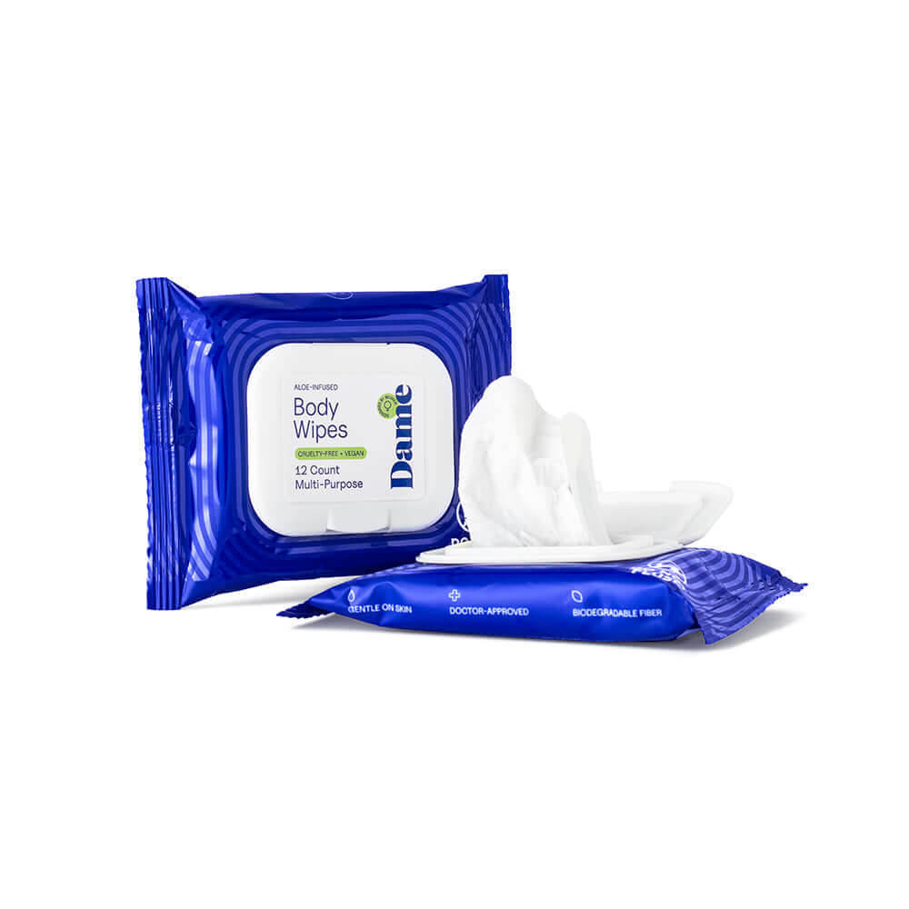 Dame Body Wipes 12 count Aloe & Cucumber packaging with wipes for gentle cleansing and moisturizing.