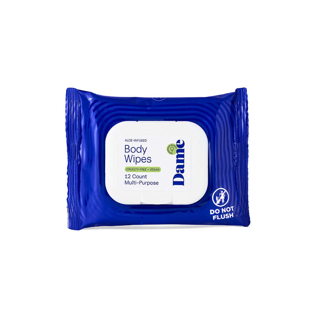 Dame Body Wipes 12 count Aloe & Cucumber packaging, gentle multi-purpose cleansing wipes for refreshing skin.