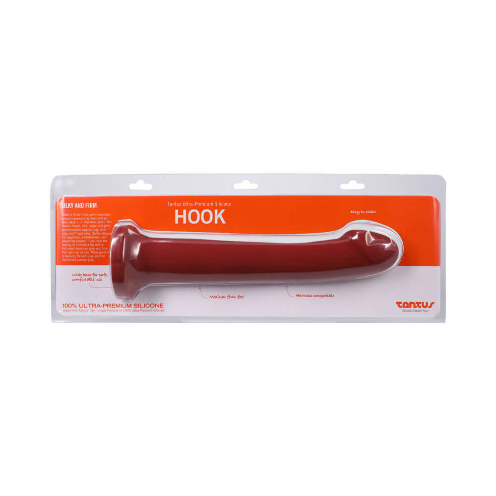 Tantus Hook 9.25 Inches Dildo Ruby packaged in a sleek design, showcasing its premium silicone material.