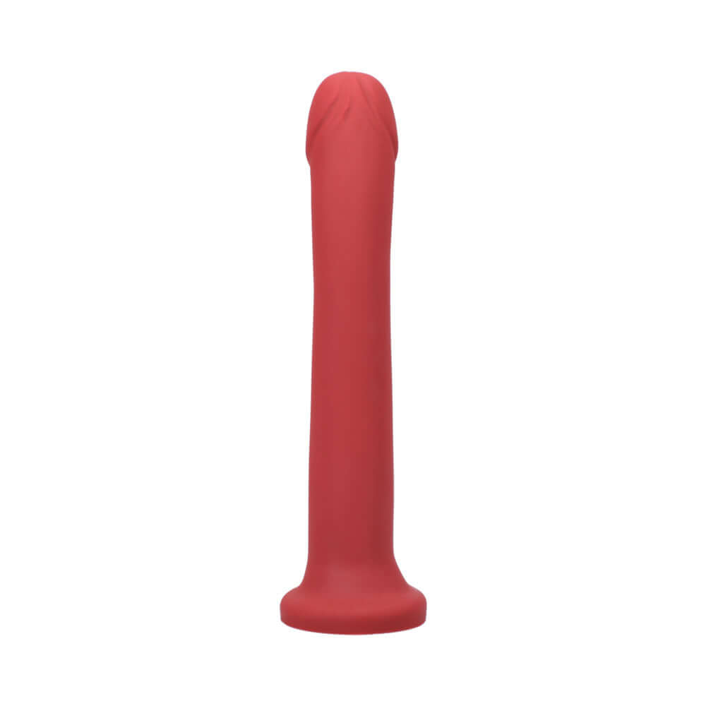 Tantus Hook 9.25 Inches Dildo Ruby with pronounced rounded head and smooth silicone construction.