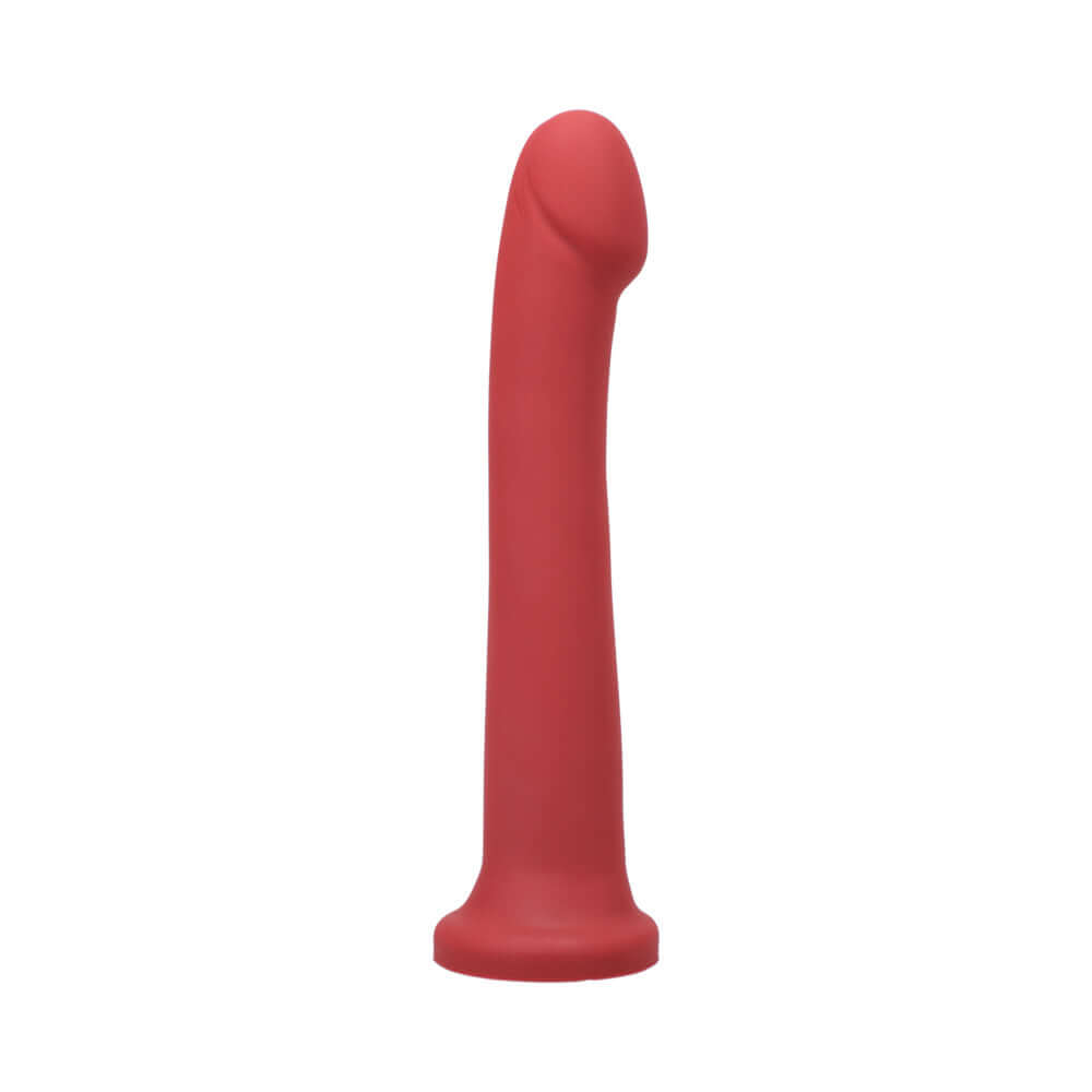Tantus Hook 9.25 Inches Dildo Ruby, a smooth silicone dildo with a curved profile and rounded head.