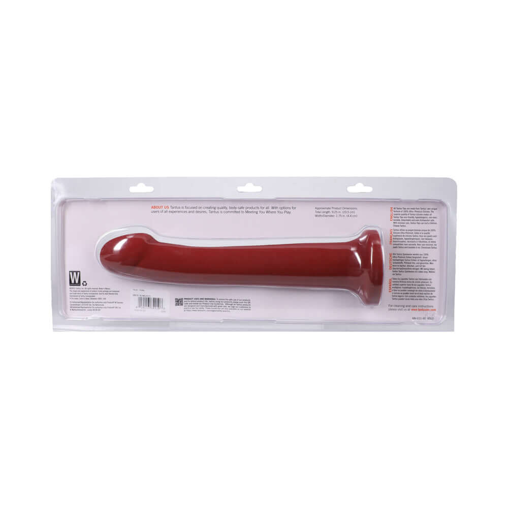 Tantus Hook 9.25 Inches Dildo Ruby in packaging showcasing its curved profile and premium silicone design.