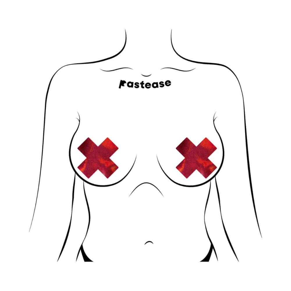 Pastease Everyday Reusable Liquid Red Cross Nipple Pasties displayed on a minimalist torso illustration.