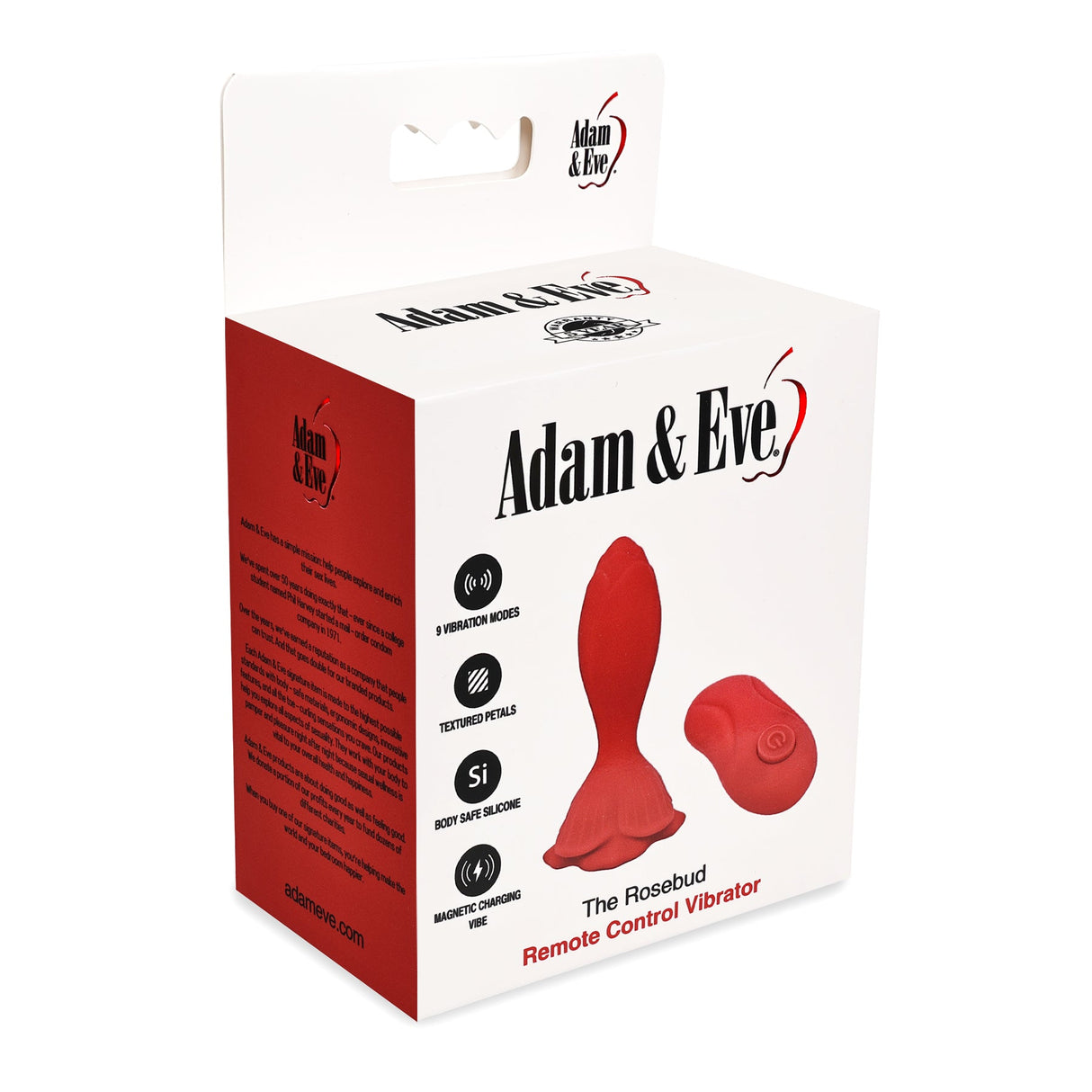 Adam & Eve The Rosebud Remote Control Vibrator Plug packaging with remote, highlighting features like textured tips and wireless control.