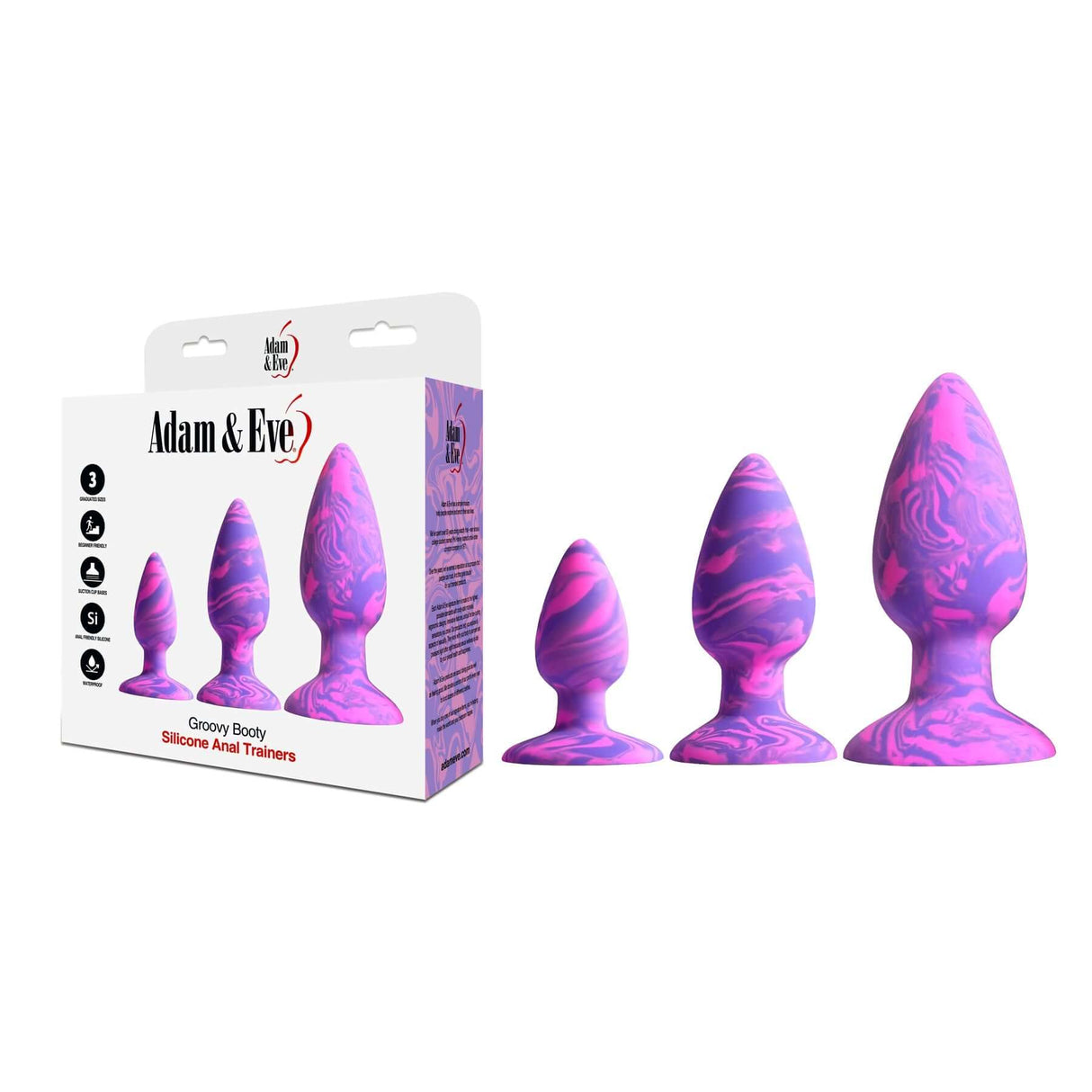 Adam & Eve Groovy Booty Silicone Anal Trainer Set featuring three progressively sized trainers in a colorful box packaging.