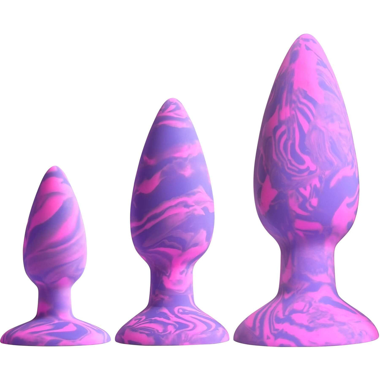 Adam & Eve Groovy Booty Silicone Anal Trainer Set featuring three progressively sized silicone trainers in pink and purple.
