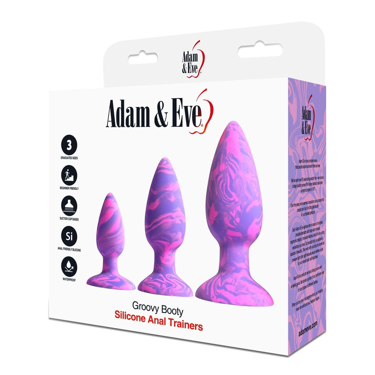 Adam & Eve Groovy Booty Silicone Anal Trainer Set packaging with three progressively sized anal trainers.