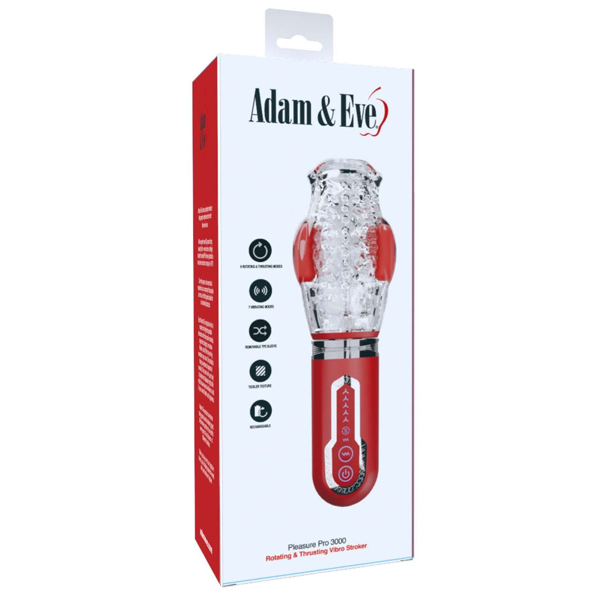 Adam & Eve Pleasure Pro 3000 Rotating & Thrusting Vibro Stroker packaging featuring nubby sleeve and control buttons.