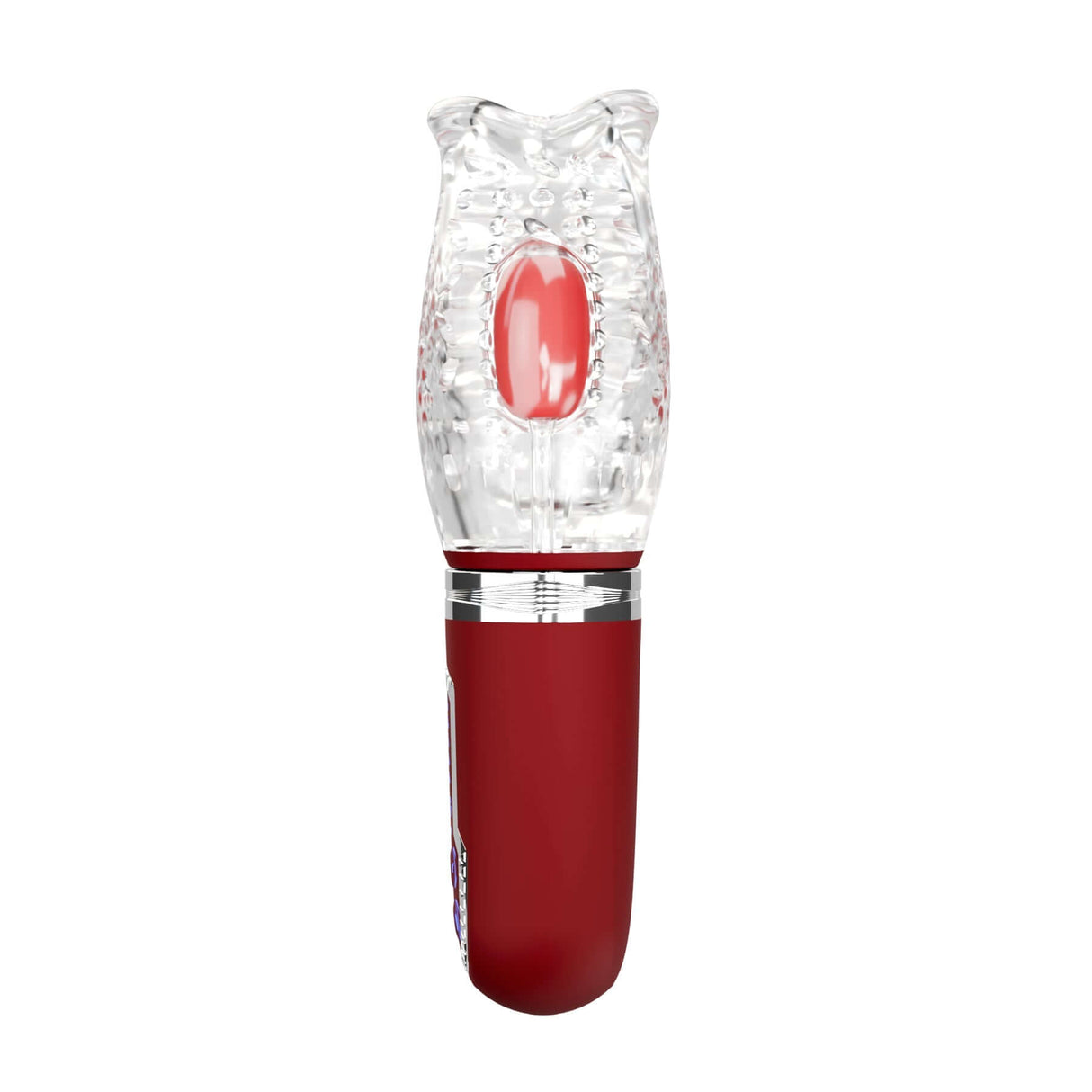 Adam & Eve Pleasure Pro 3000 Rotating & Thrusting Vibro Stroker with clear sleeve and red base for enhanced pleasure.