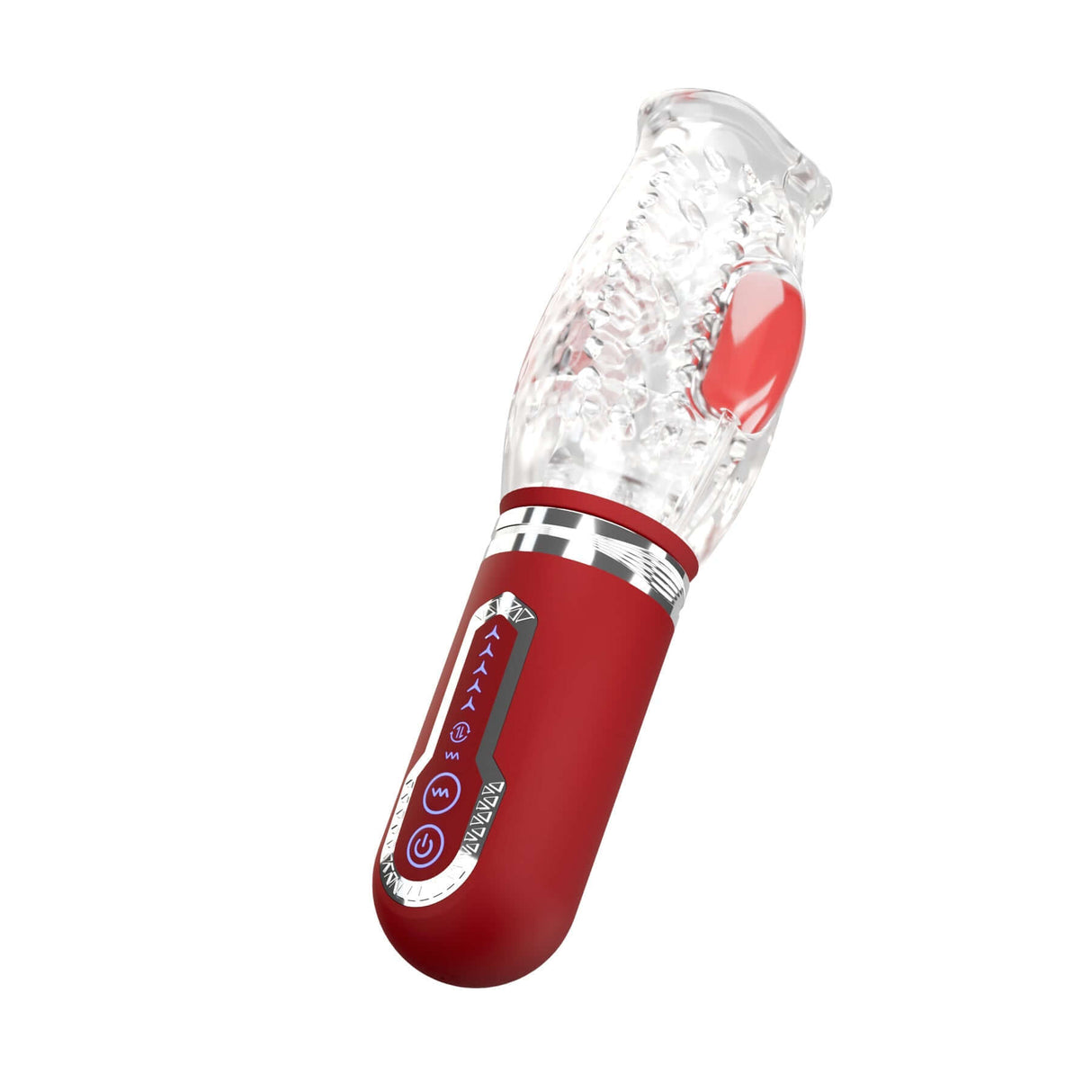 Adam & Eve Pleasure Pro 3000 Rotating & Thrusting Vibro Stroker in red with textured sleeve for enhanced pleasure.