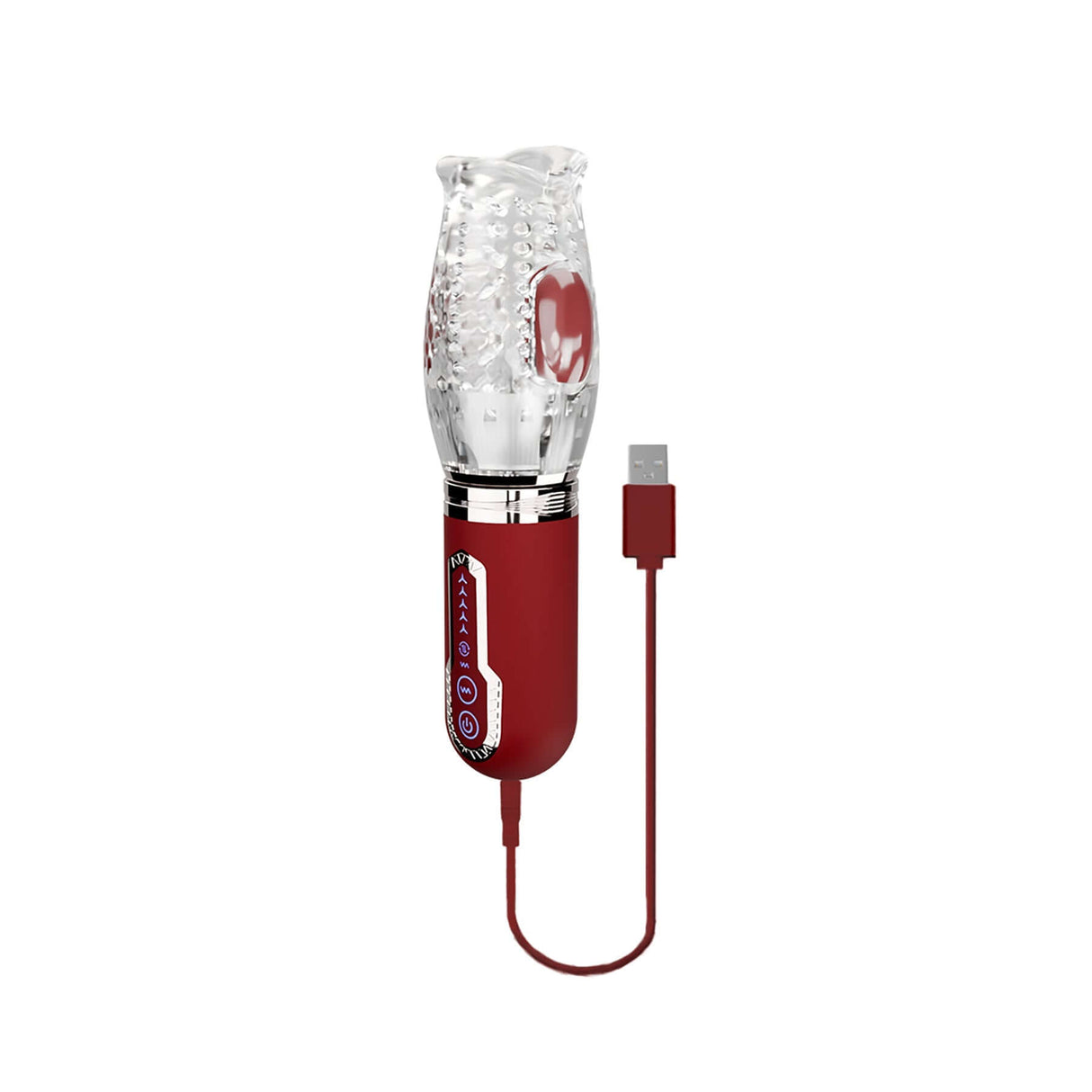 Adam & Eve Pleasure Pro 3000 Rotating & Thrusting Vibro Stroker charging with USB cable, clear nubby sleeve design.