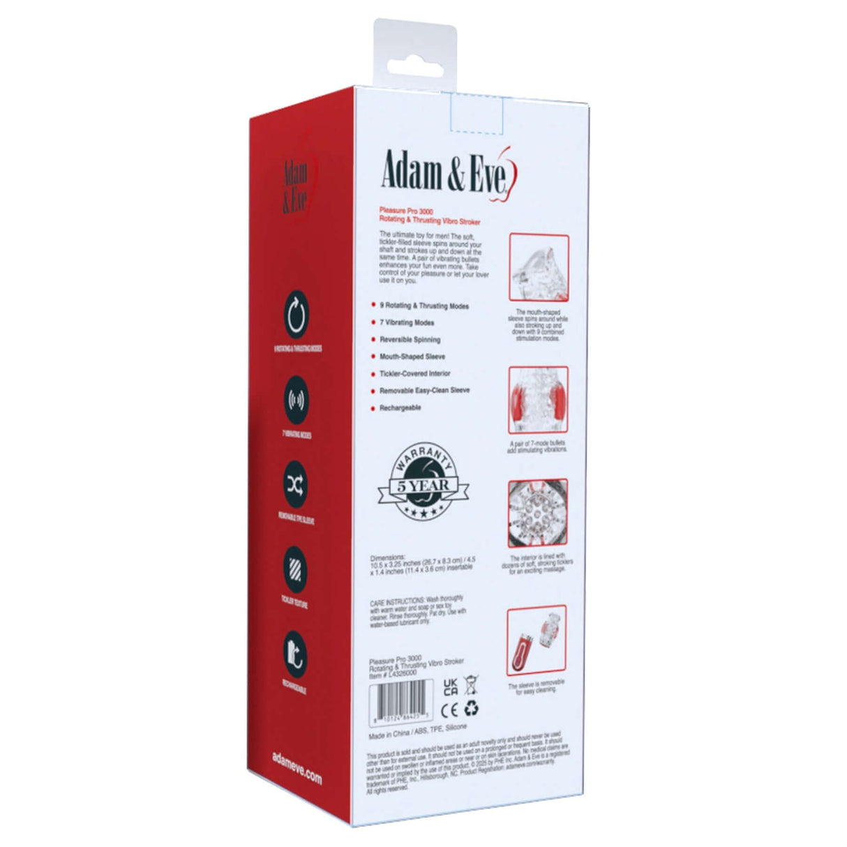 Adam & Eve Pleasure Pro 3000 Rotating & Thrusting Vibro Stroker packaging showcasing features and instructions.