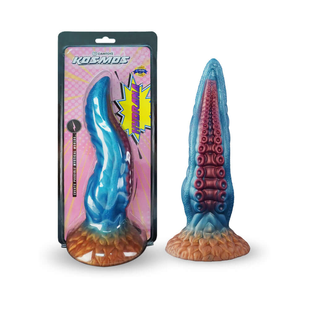 Camtoyz Fantasy Dildo Hydrana in packaging, featuring unique design with blue and red colors for pleasure and fantasy play.