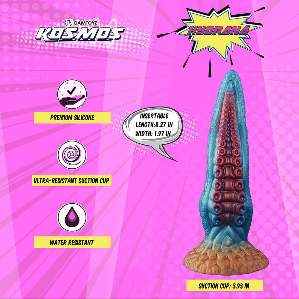 Camtoyz Fantasy Dildo Hydrana showcasing premium silicone, ultra-resistant suction cup, and water-resistant design.