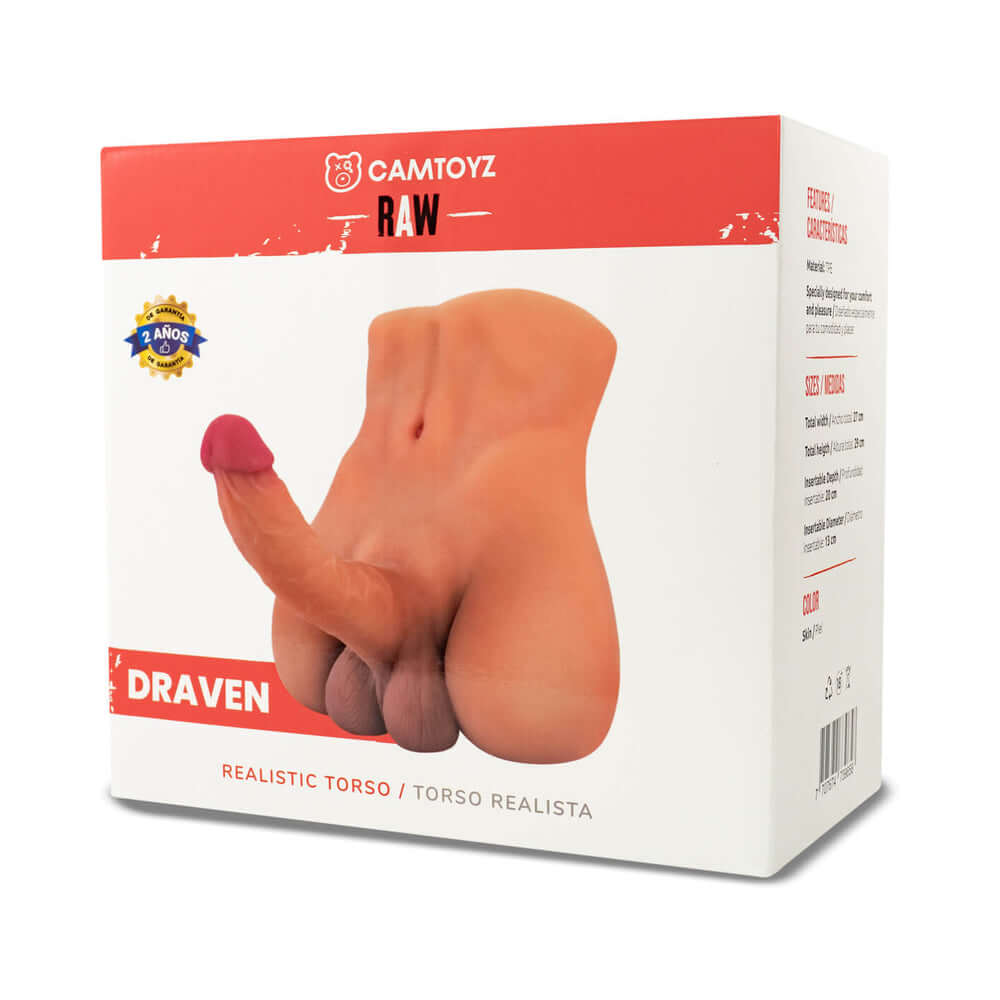 Camtoyz Raw Realistic Torso Draven product packaging showcasing lifelike torso design and poseable dildo.