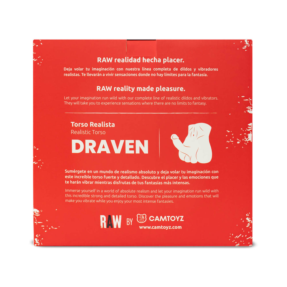 Camtoyz Raw Realistic Torso Draven packaging showcasing premium design and lifelike features for an immersive experience.