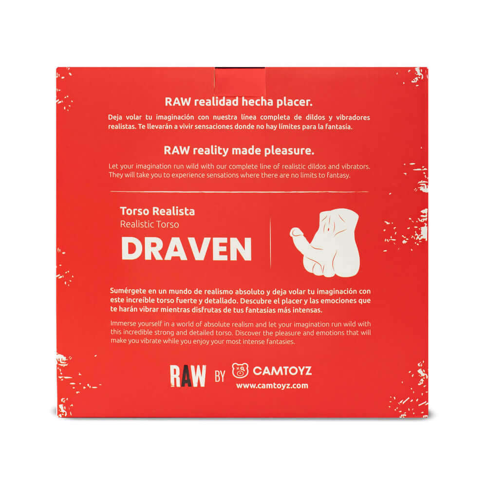 Camtoyz Raw Realistic Torso Draven packaging showcasing premium design and lifelike features for an immersive experience.