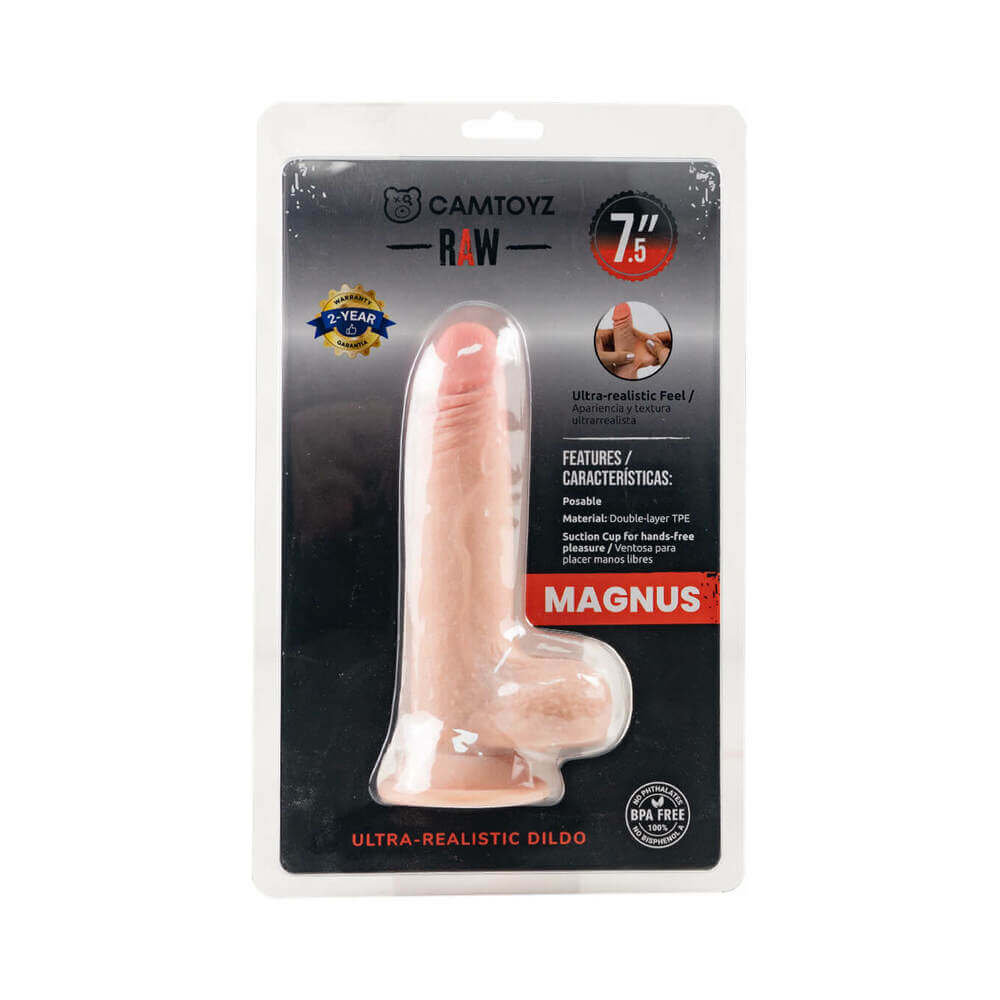 Camtoyz Ultra Realistic Dildo Magnus packaging featuring the 7.5 inch ultra-realistic dildo for lifelike experience.