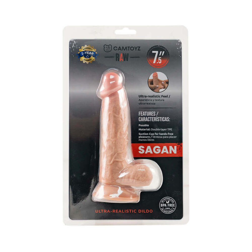 Camtoyz Ultra Realistic Dildo Sagan Small package showcasing its lifelike design and dual-density silicone material.