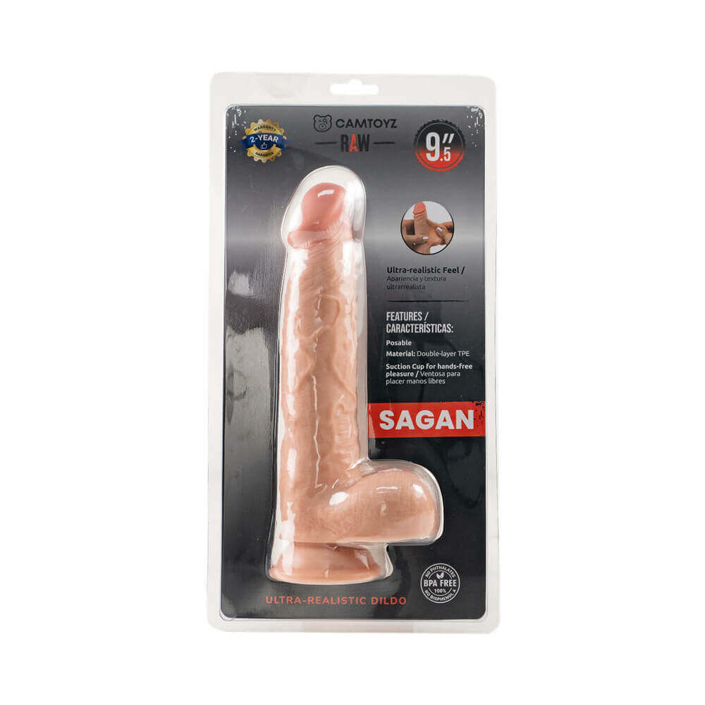 Camtoyz Ultra Realistic Dildo Sagan Large 9 inch in packaging, featuring ultra-realistic design and double-layer construction.