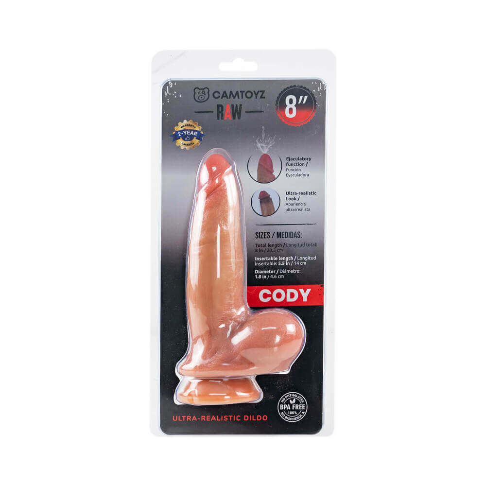 Camtoyz Ultra Realistic Squirting Dildo Cody 8 inch in packaging, featuring realistic design and body-safe materials.