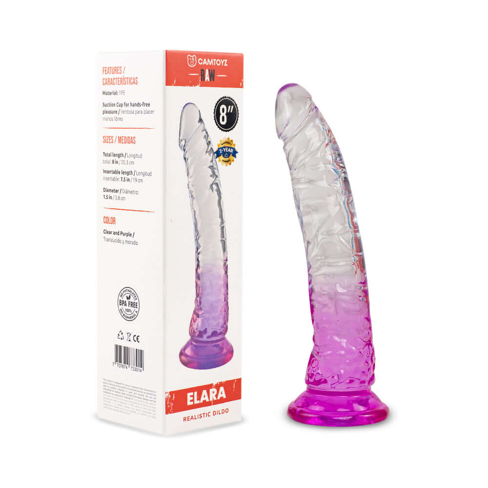 Camtoyz Realistic Dildo Elara 8 inches on display in packaging, showcasing its transparent and lifelike design.
