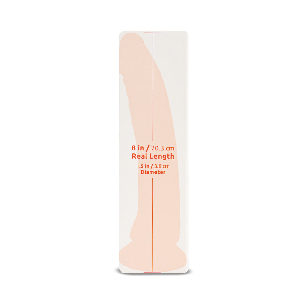 Camtoyz Realistic Dildo Elara 8 inches packaging showing 8 in length and 1.5 in diameter.